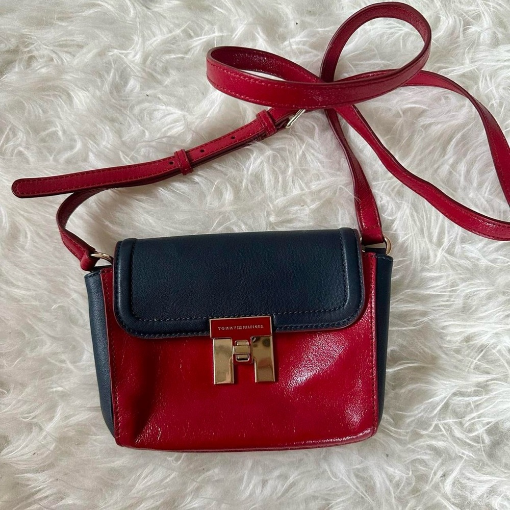 Tommy Hilfiger Navy and Red Leather Crossbody Bag